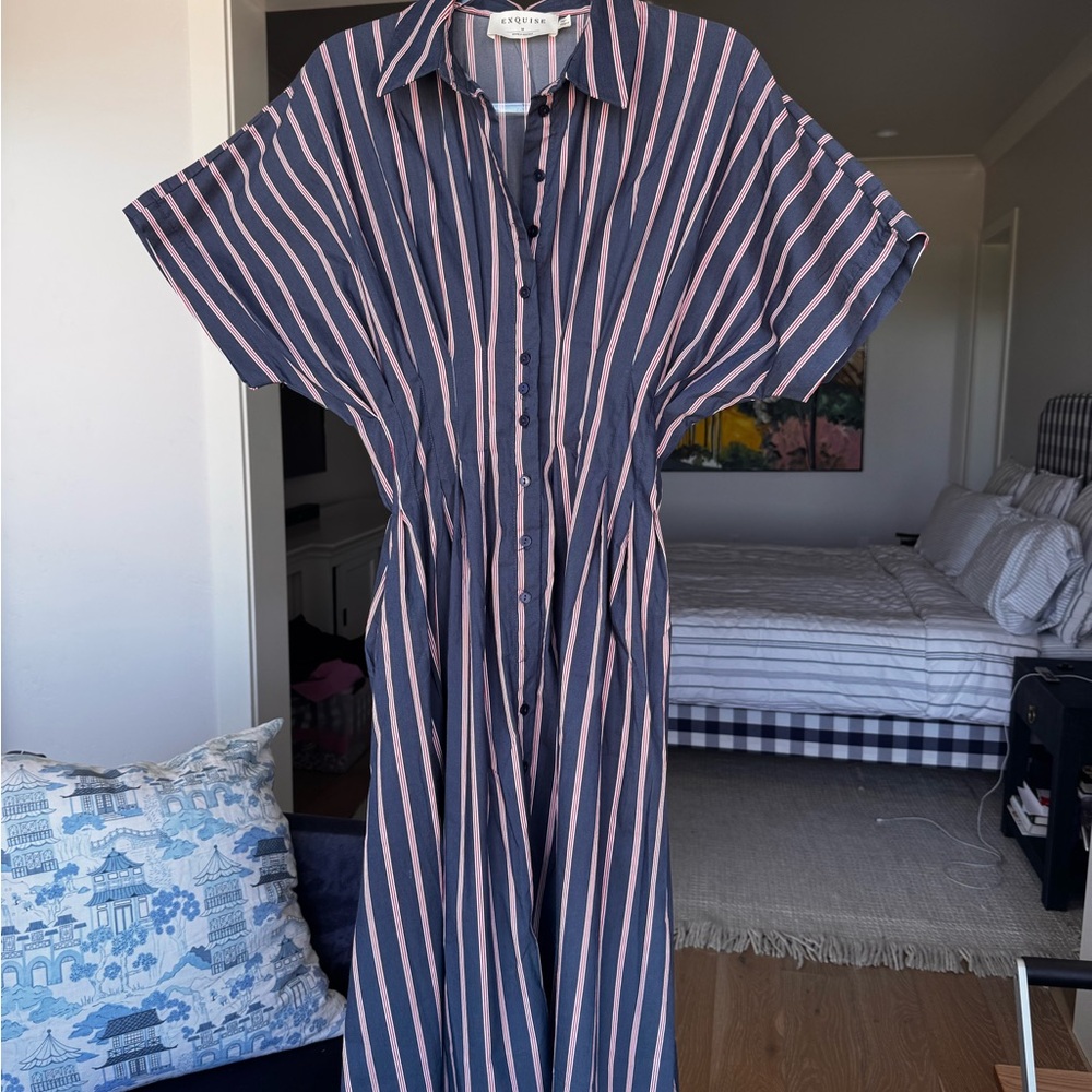 The Tobie Button-Front Pleated Shirt Dress by Exquise Striped Button-Down Dress